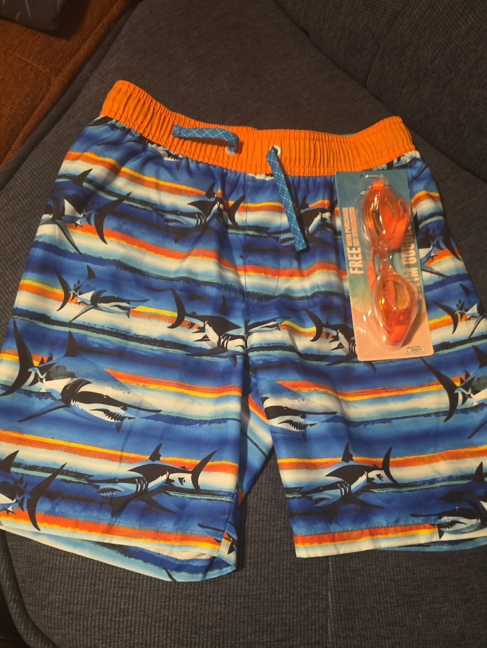 ZeroXposur Boys Blue and Orange Shark Print Swim Trunks